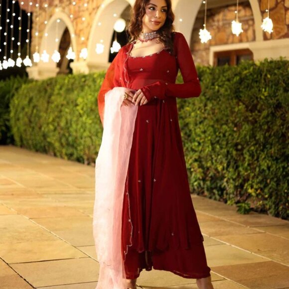 Maroon Blush Embroidered Georgette Suit Set, S-XL US Size Free Shipping - Picture 2 of 6
